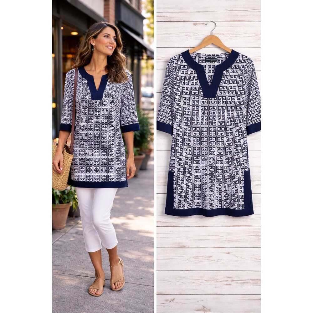 New Royal Standard Collection Kurta Tunic Small Navy Blue Geo Print